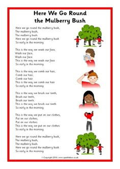 the poem here we go round the mulberry bush is shown in red and white