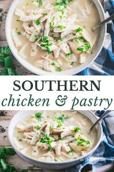 two bowls filled with chicken and pasta soup