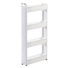 a white shelf with three shelves on each side and wheels in the bottom section,