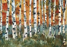 an abstract painting of trees in autumn