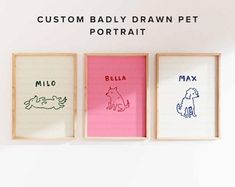 three framed pictures on the wall, each with their own dog's name in different colors