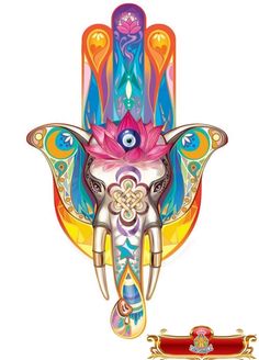 the hamsa with an eye on it is painted in multicolors and gold