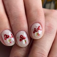 Sofía Wood | Nail Artist & Instructor on Instagram: "I knew when I saw @nailedbyrebeka do this set I had to recreate it…who would have thought of Christmas mushrooms?! 🍄 . Thanks to my client for being down for anything today. ♥️ . . . #christmasmushrooms #christmasnails #holidaynails #decembernails" Mushroom Nails Almond Shape, Nail Designs With Mushrooms, Mushrooms On Nails, Cottagecore Nails Mushroom, Nail Mushroom Art, Mushrooms Nails Design, Cottage Core Nails Simple, Spring Cottagecore Nails, Nail Design Mushroom