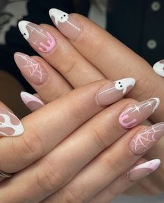 Halloween Nails, October inspired nails Almond Nails Ideas Halloween, Nails Almond Shape Halloween, Nail Inspo Almond Halloween, Fall Halloween Nails Almond, Holloween Nails Almond, Pink White Halloween Nails, Halloween Nail Ideas Almond, White Almond Nails With Design Simple, Spooky Nail Designs Almond