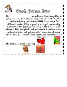 a book swap day activity with pictures and text on the front page, including an elephant