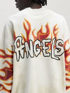 GARMENT DYE PALM GRAFFITI FLAMES SWEATSHIRT - Palm Angels® Official Palm Angels Design, Palm Angels T Shirt, Palm Angels Top, Palm Angels Sweatshirt, White Shirt Outfits, Graffiti Prints, Print Logo