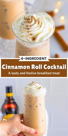 cinnamon roll cocktail in a tall glass with whipped cream on top, and an iced drink next to it