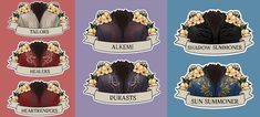 four different colored stickers with the names of some people in their clothes and flowers on them