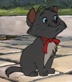 a cartoon cat sitting on the ground with a red bow around it's neck