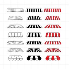 the different types of awnings are shown in red, white and black colors