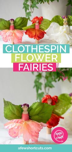 some fake flowers are in the shape of fairy figurines with leaves on them