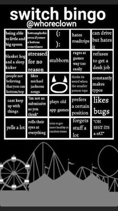 a black and white poster with words on it that say, switch bingo where do you