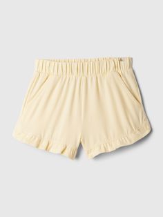 Soft knit pull-on shorts with light stretch.  Elasticized waist.  Front slant pockets.  Ruffle hem.  Certain styles have an allover print.  Easy pull-on waist.  Easy through the hip and thigh.  Sizes range from baby to toddler. Playful Yellow Summer Shorts, Cute Yellow Shorts For Play, Yellow Cotton Playwear Bottoms, Yellow Summer Pajama Shorts With Built-in Liner, Toddler Girl Shorts, Baby Gap, Maize, Floral White, Mix N Match