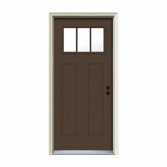 a brown front door with two windows on the top and bottom side, against a white background