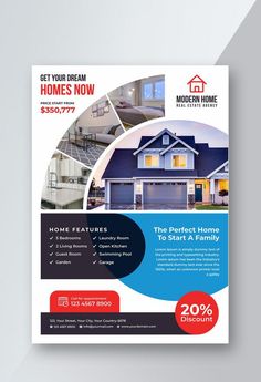 a real estate flyer is shown on a white background with red and blue accents, including a house