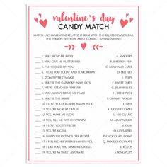 valentine's day candy match game with hearts on the back and words in red