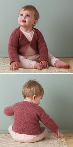 two photos of a baby sitting on the floor and looking up at something in the air