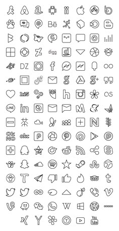 a large set of icons and symbols for web design, including the letter m in black ink