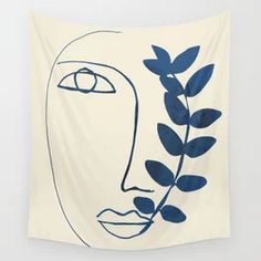 a blue and white drawing of a woman's face with leaves in her hair