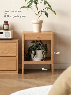 a potted plant sitting on top of a wooden table next to a microwave oven