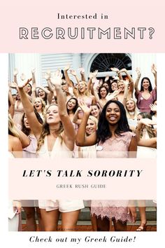 a group of women standing next to each other in front of a building with the words let's talk sorority