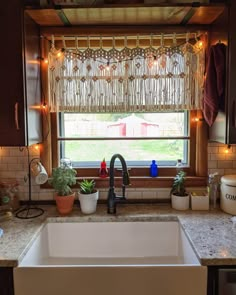 a kitchen sink under a window with lights on the windowsill and potted plants