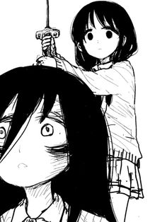 a drawing of two girls with swords in their hands, one holding the other's head