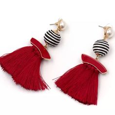 Black And White Stripe, Red Drop Earrings With Pearl On Gold. Earring Trends, Tassel Drop Earrings, Engagement Party Wedding, Tassel Jewelry, Ear Stud, Earrings Drop, Drop Earring, Geometric Earrings, Ladies Boutique