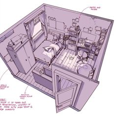 an illustrated drawing of a small room with furniture