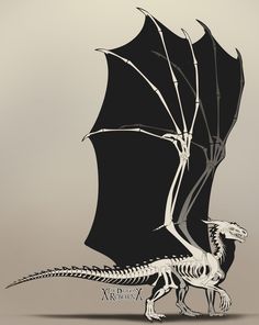 a black and white image of a skeleton dragon with wings spread over its head, standing in front of a gray background