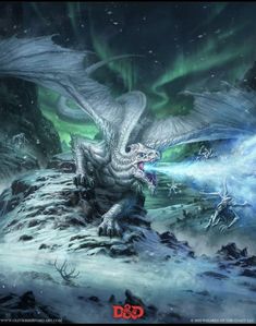 a white dragon with its mouth open on top of a rock in front of an aurora bore