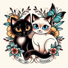 two cats sitting next to each other on top of a flowery frame with butterflies