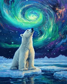 a painting of a polar bear sitting on an ice floet looking up at the stars