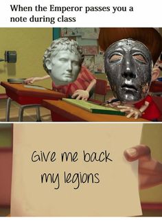 two children sitting at desks with masks on their faces and one holding a sign that says, when the emperor passes you a note during class give me back my