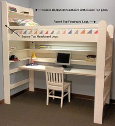 a bunk bed with desk underneath it and ladders to the bottom for extra storage