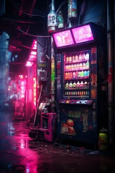 a vending machine with neon lights in the background