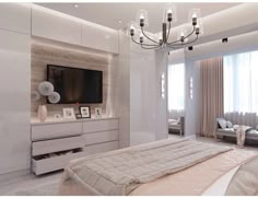 a bedroom with a large tv mounted on the wall and a chandelier hanging from the ceiling