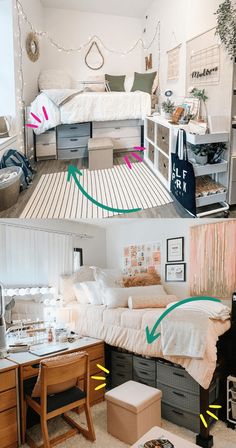 there are two pictures showing different rooms in the same room, one with a bed and another with a desk