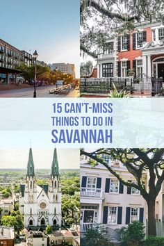 many different buildings and trees with the words savannah written in blue above them on top