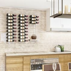 there is a wine rack on the wall above the kitchen table and chairs in front of it