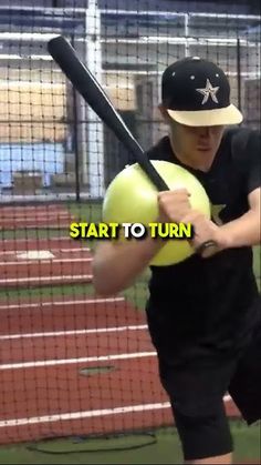 a young man holding a yellow ball and a baseball bat with the words start to turn on it