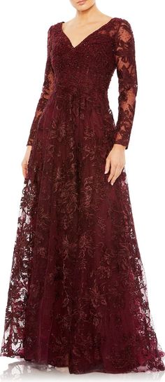 Mac Duggal Beaded Embroidered Floral Long Sleeve A-Line Gown | Nordstrom Formal Lace Dress, Mac Duggal Dresses, Mom Wedding, Long Sleeve Gown, Designer Prom Dresses, Prom Designs, Column Gown, فستان سهرة, Tulle Gown