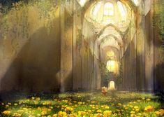 a painting of a hallway with yellow flowers in the foreground