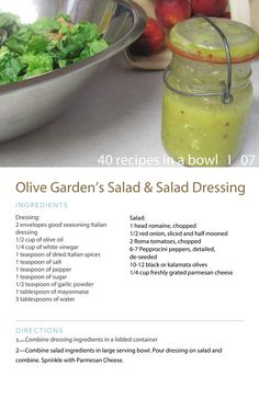 the recipe for olive garden salad and salad dressing is shown in this brochure