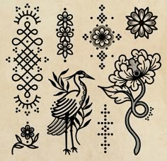 an old fashioned tattoo design with flowers and birds