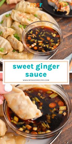 two plates filled with different types of food and the words sweet ginger sauce above them