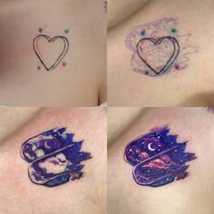 three different pictures of tattoos on the chest