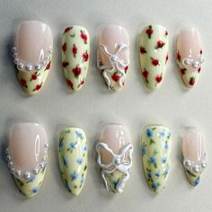 #nails #inspiration #flowers #green #blue #bows Nails Inspiration Flowers, Corset Nails, Nails Flower, Funky Nail Art, Nails Gel Nails, Custom Press On Nails, Asian Nails, Seasonal Nails, Really Cute Nails