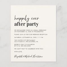 the happily ever after party card is printed on white paper with black ink and features an elegant calligraphy