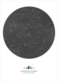 the stars in the night sky are shown on a black circle with white writing and blue trim